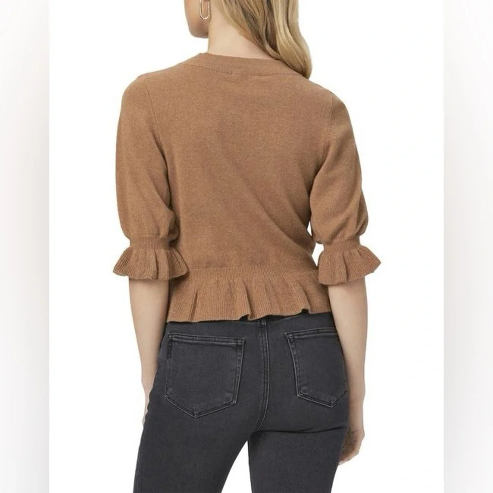 PAIGE Sabelina Merino Wool and Cashmere Blend Peplum Sweater in Dark Caramel - Picture 2 of 6